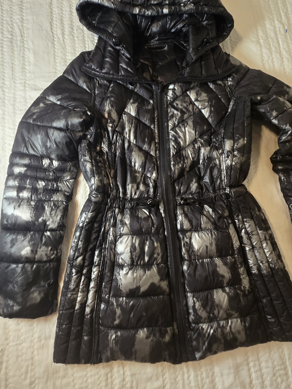 Guess Black Metallic Quilted Hooded Puffer Coat